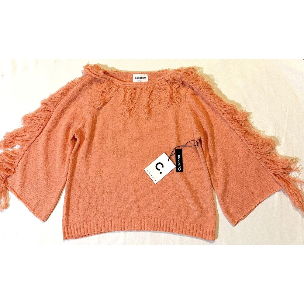 Callahan Revolve Knitwear Sweater Women's S Fringe 3/4 Sleeve Cropped Top Orange
